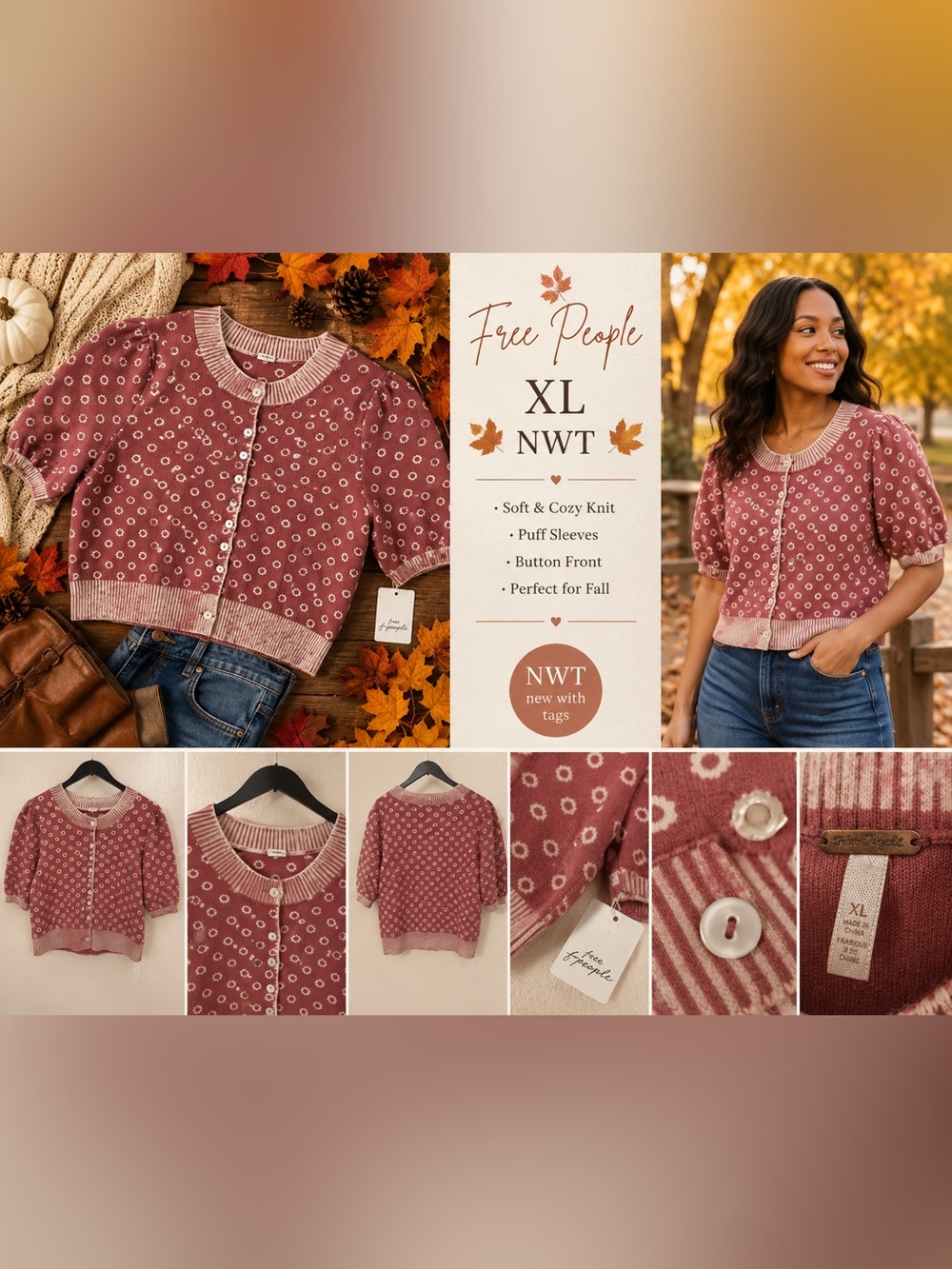 Free People Floral Puff Sleeve Cardigan Dusty Rose XL NWT
